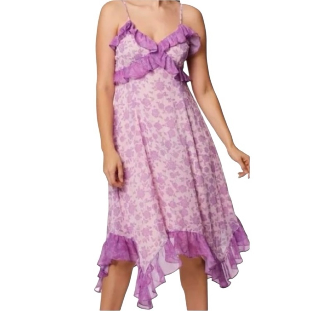 BCBG Women’s Purple Dressy Ruffles High Low Floral Sleeveless Dress New smal